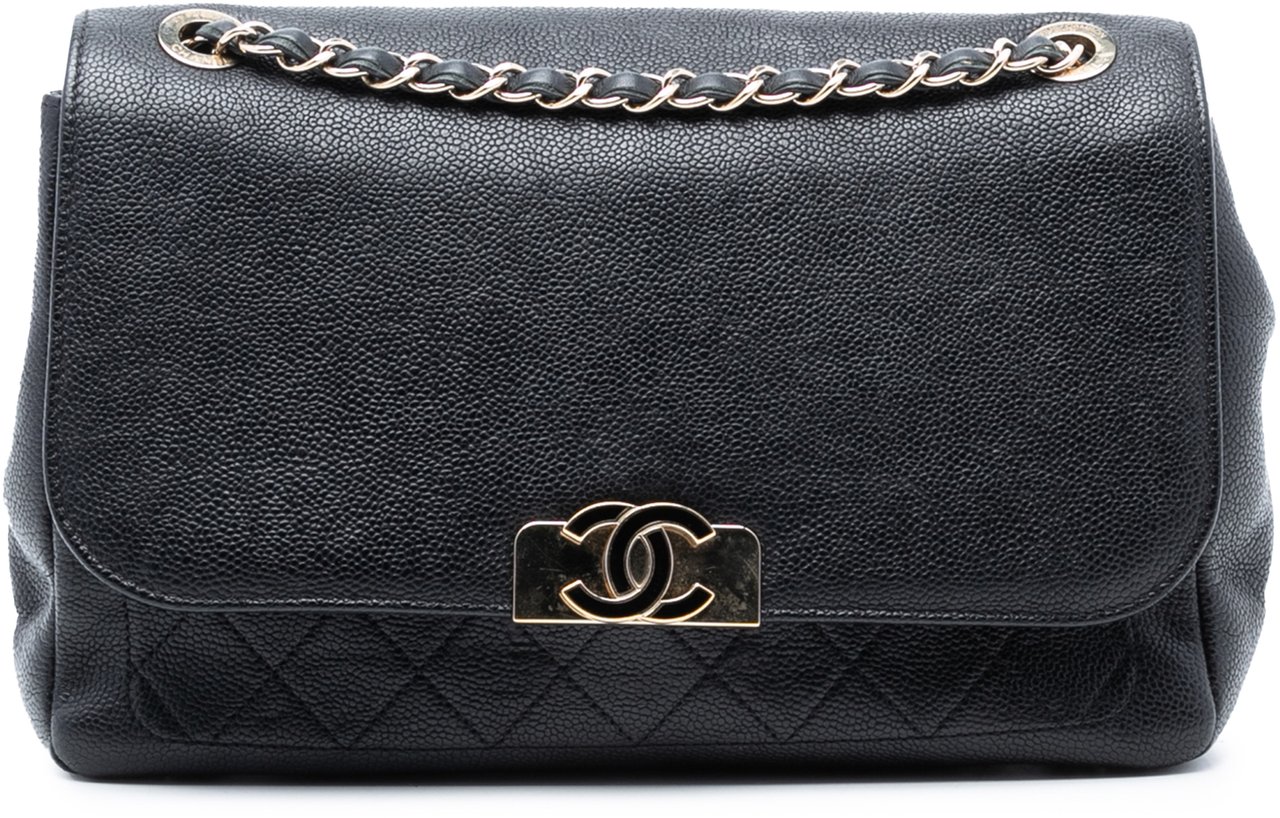 Chanel Quilted Caviar CC Plate Flap Pocket Shoulder Bag Zwart