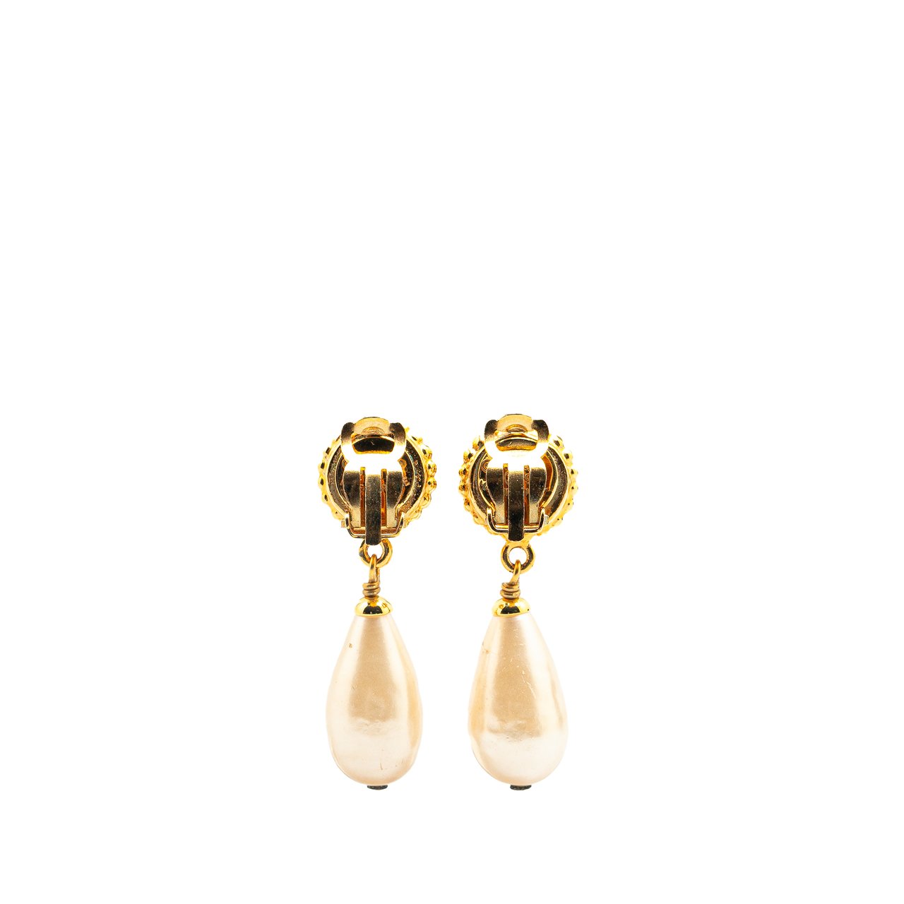 Chanel Gold Plated Clover Faux Pearl Drop Earrings Goud