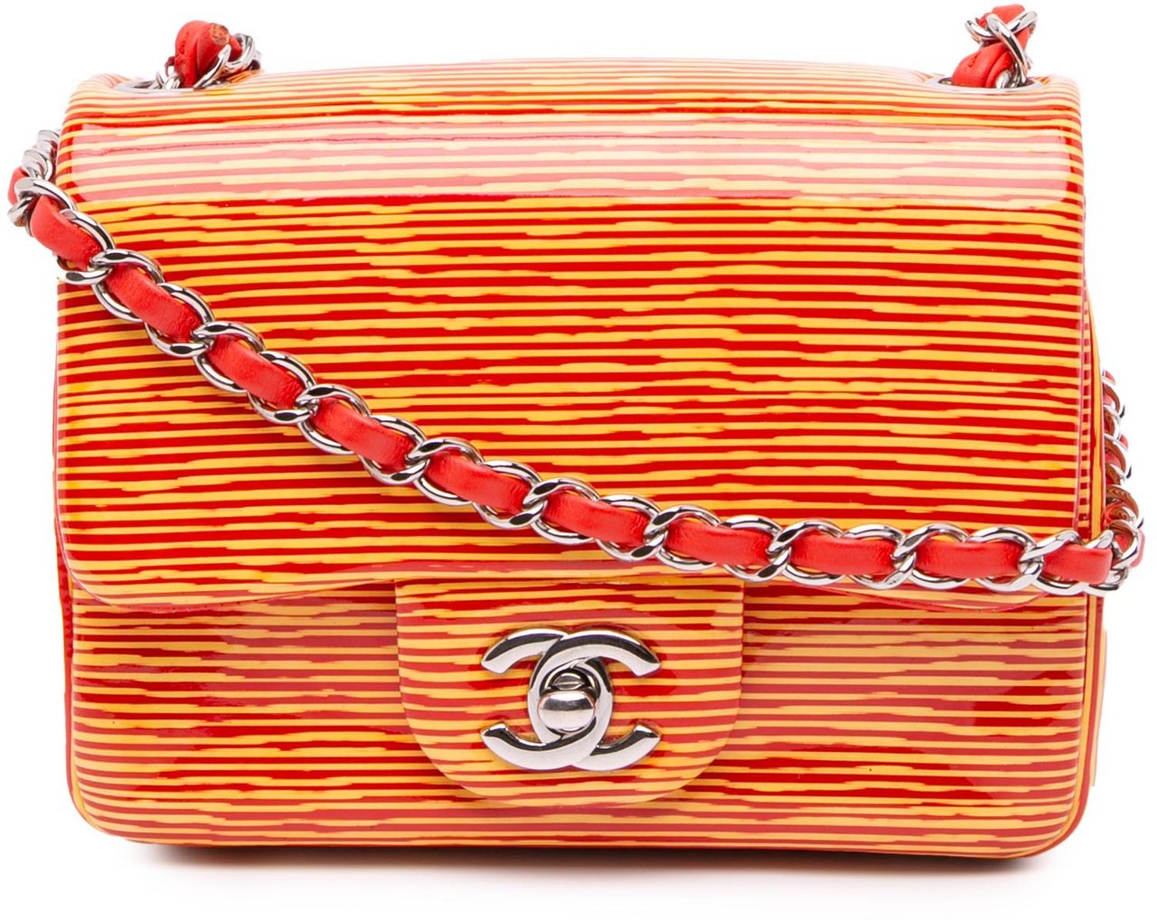 Chanel Mini Square Classic Patent Striped Single Flap Oranje
