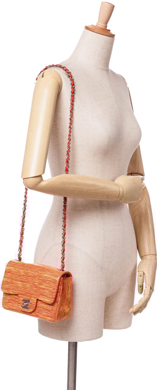 Chanel Mini Square Classic Patent Striped Single Flap Oranje