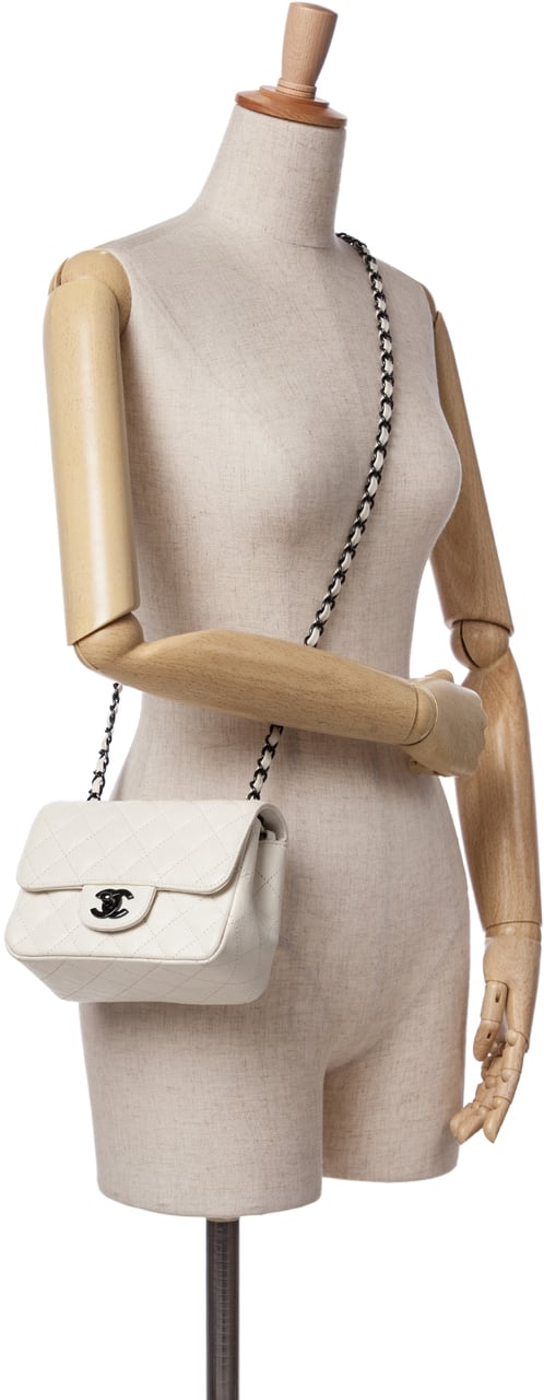 Chanel Mini Square Classic Crumpled Calfskin Single Flap Wit