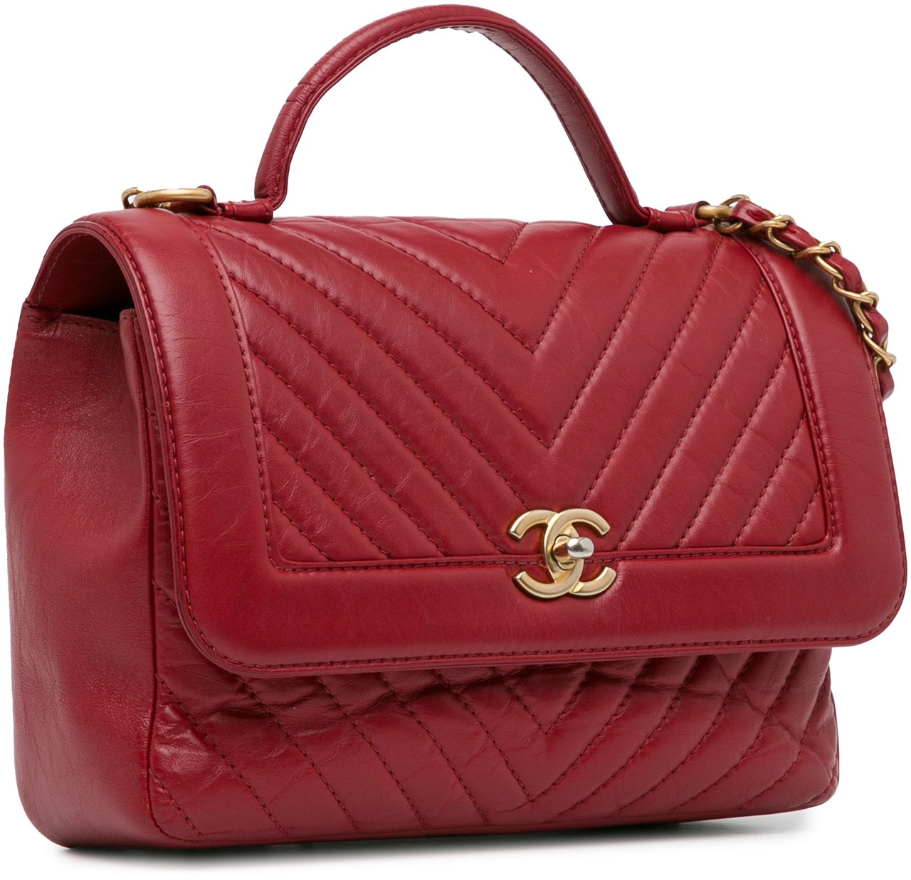 Chanel CC Chevron Calfskin Top Handle Flap Rood