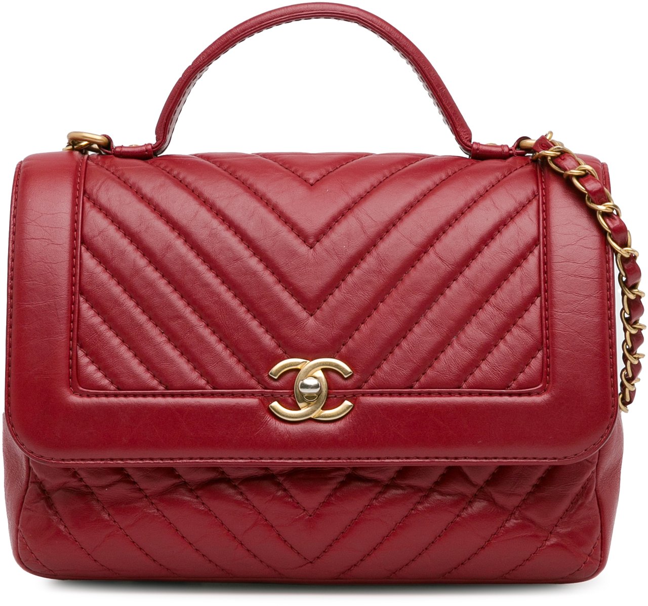 Chanel CC Chevron Calfskin Top Handle Flap Rood