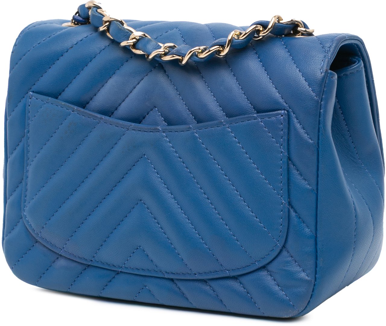 Chanel Mini Square Classic Chevron Lambskin Single Flap Blauw