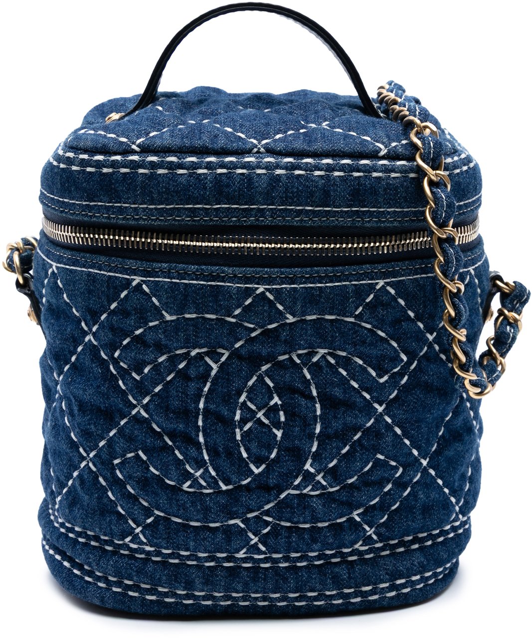 Chanel CC Quilted Denim Trip Vanity Case with Chain Blauw
