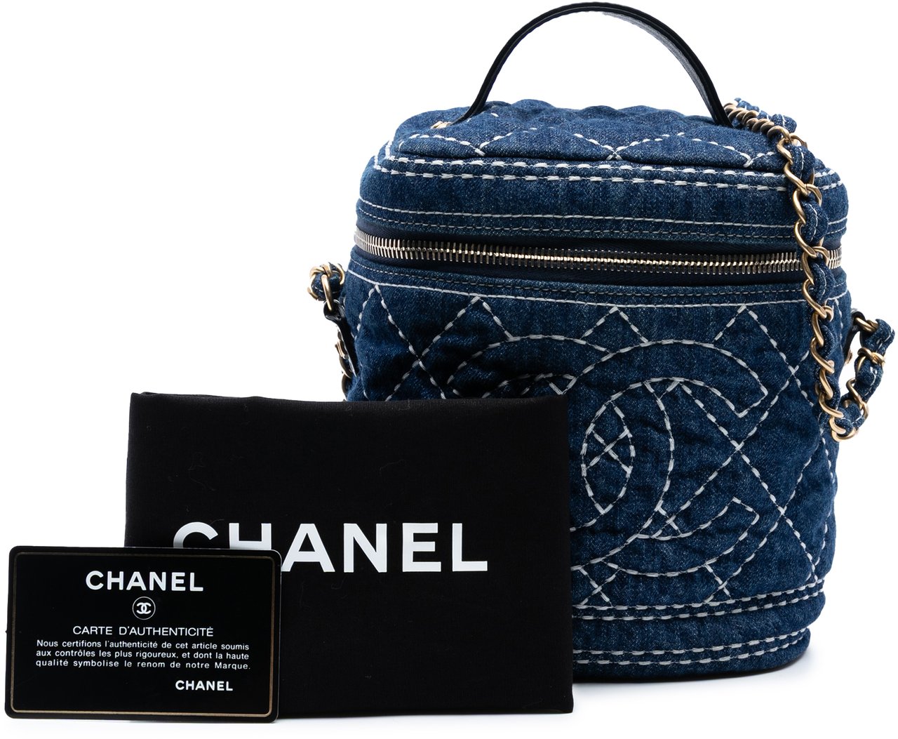 Chanel CC Quilted Denim Trip Vanity Case with Chain Blauw