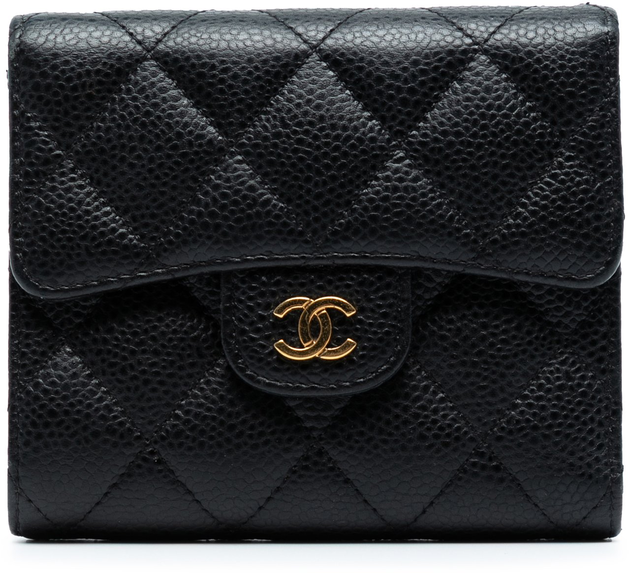 Chanel CC Quilted Caviar Compact Flap Wallet Zwart