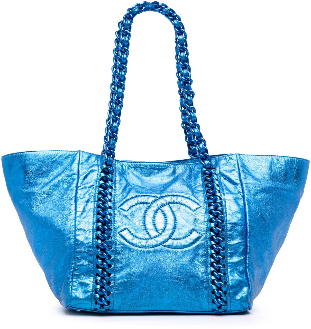 Chanel Medium Cracked Metallic Calfskin Modern Chain Tote Blauw