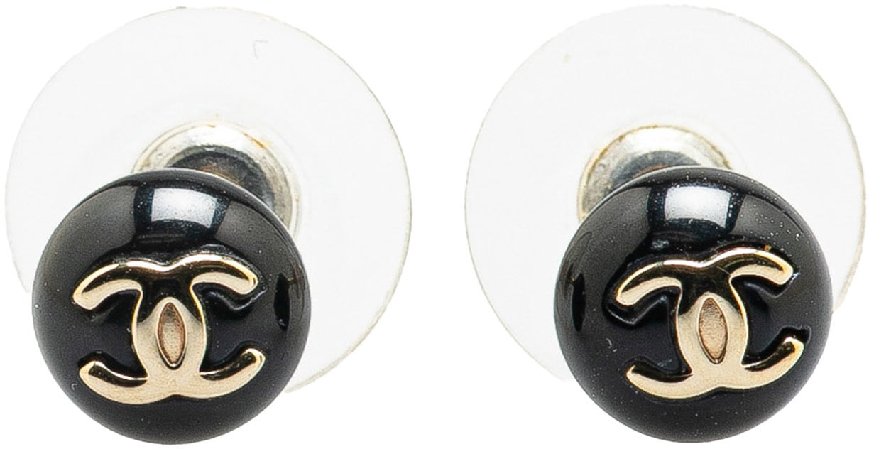 Chanel Resin CC Button Push Back Earrings Zwart