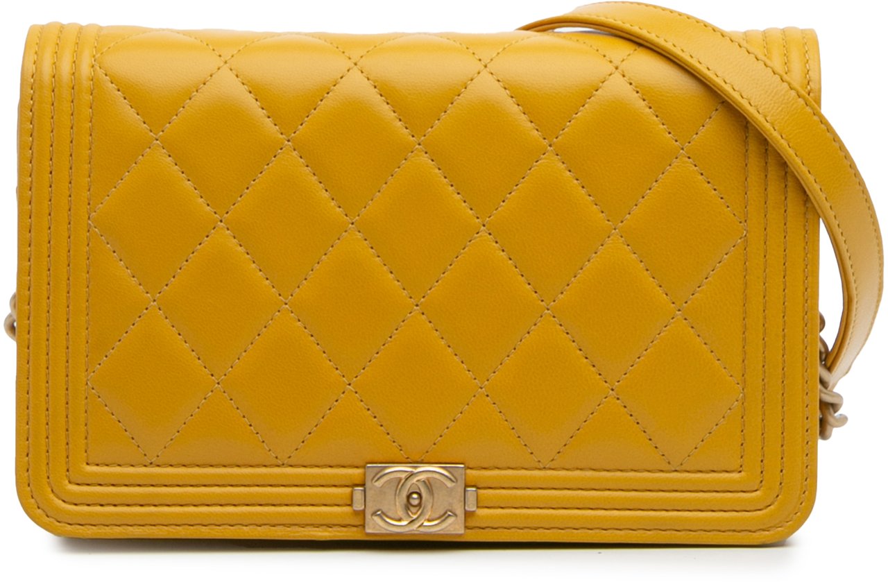 Chanel Quilted Lambskin Boy Wallet On Chain Geel