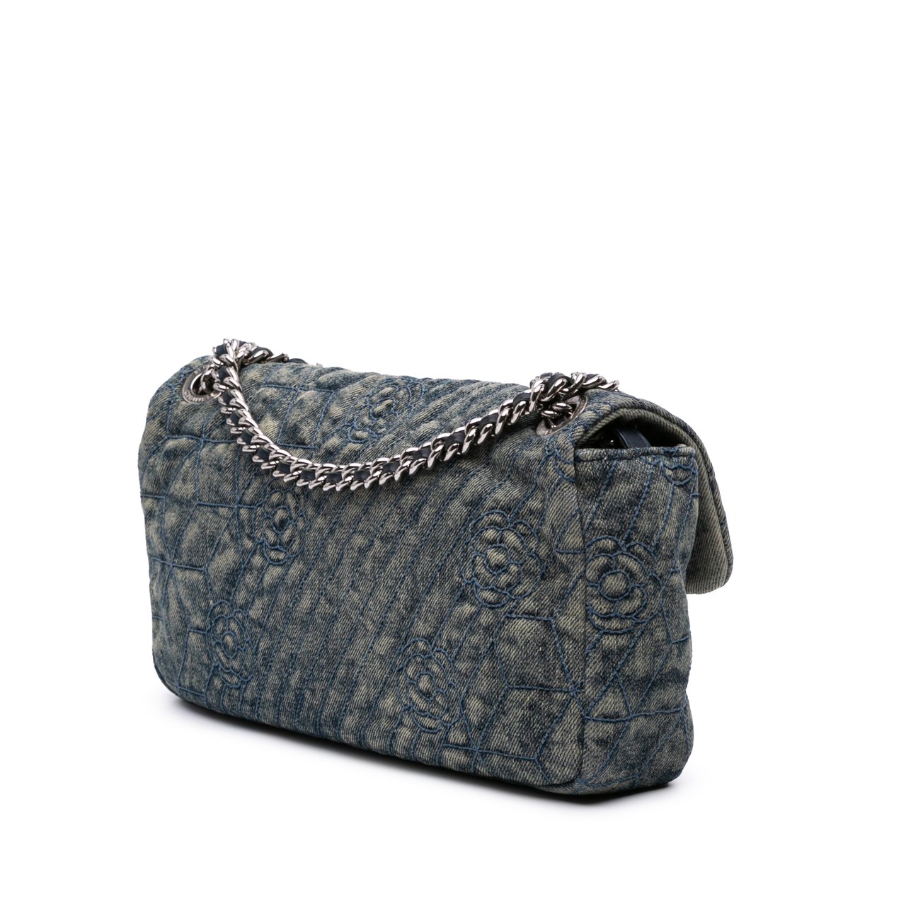 Chanel Medium Embroidered Denim Camellia Flap Blauw