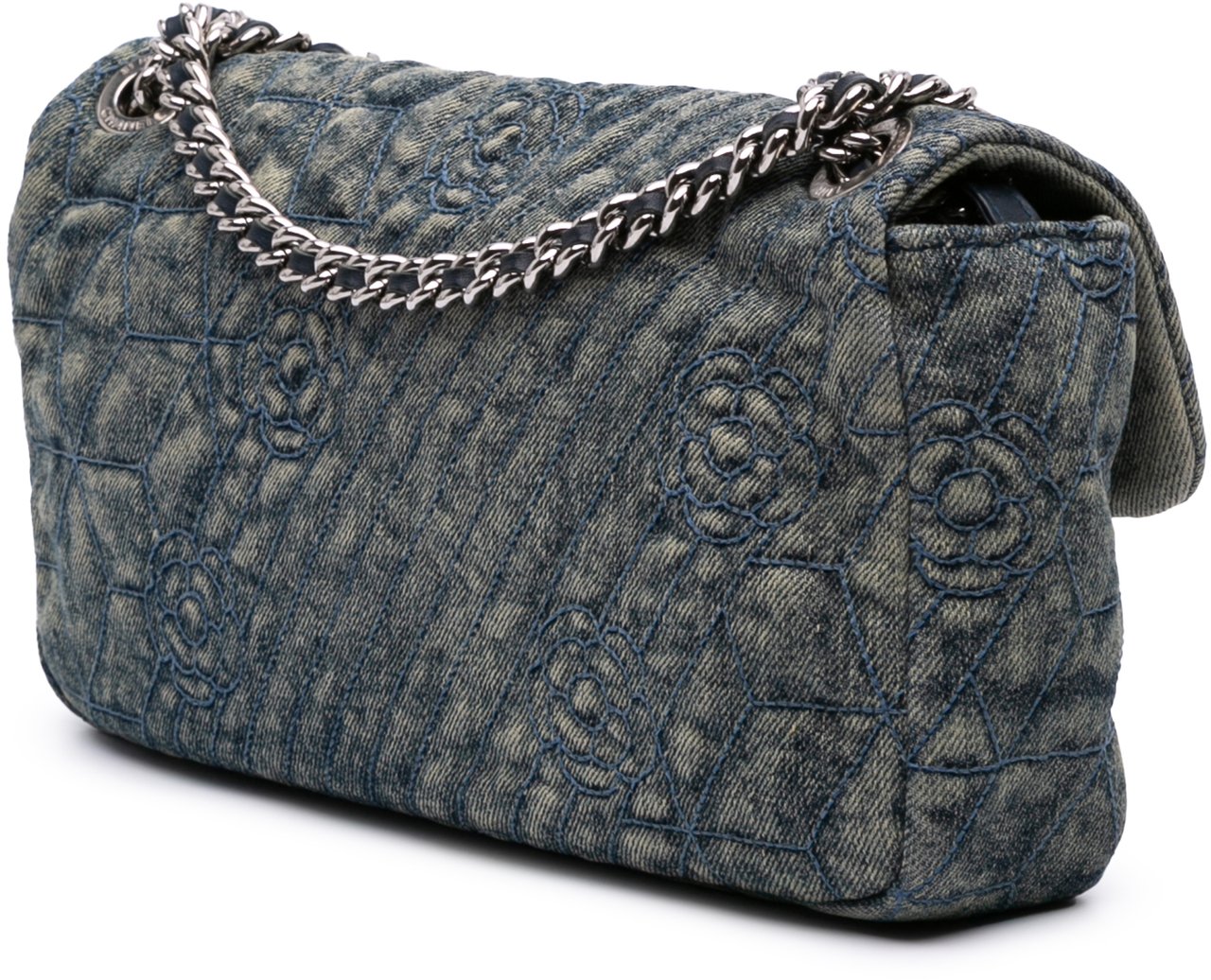 Chanel Medium Embroidered Denim Camellia Flap Blauw