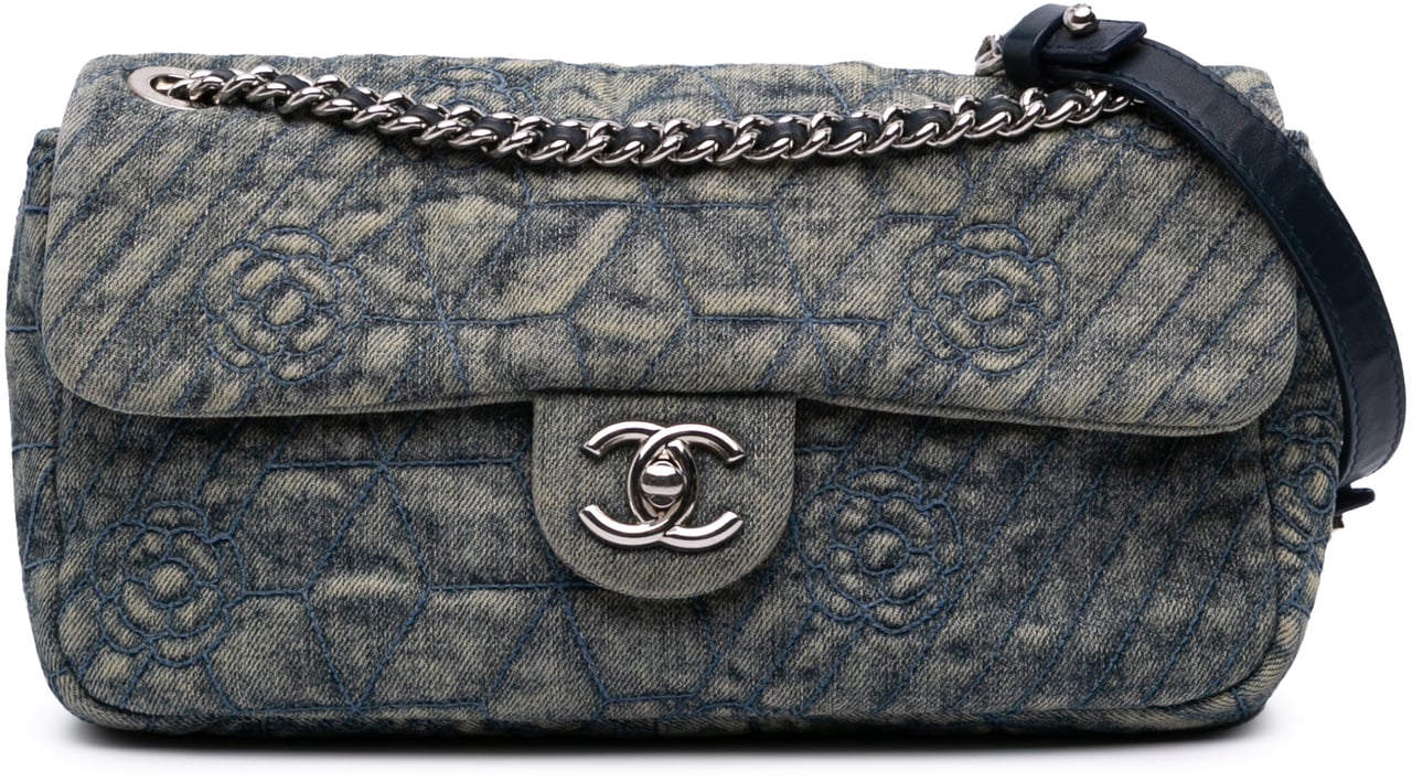 Chanel Medium Embroidered Denim Camellia Flap Blauw