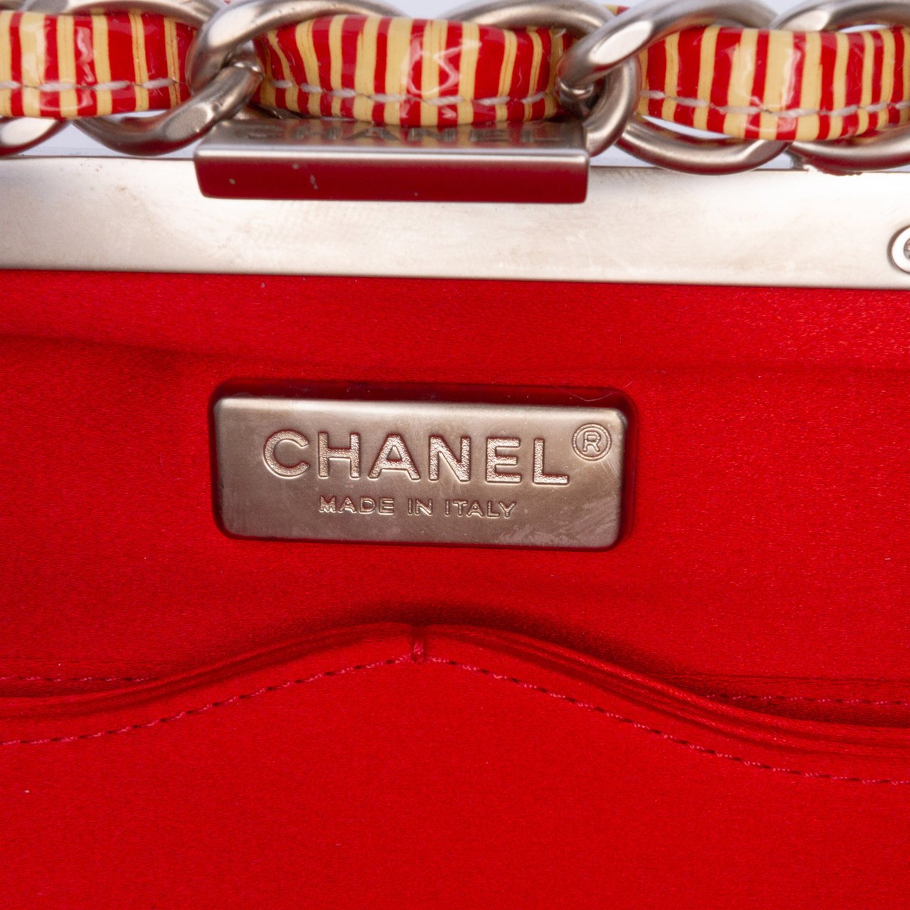 Chanel CC Patent Striped Chain Around Clutch Rood