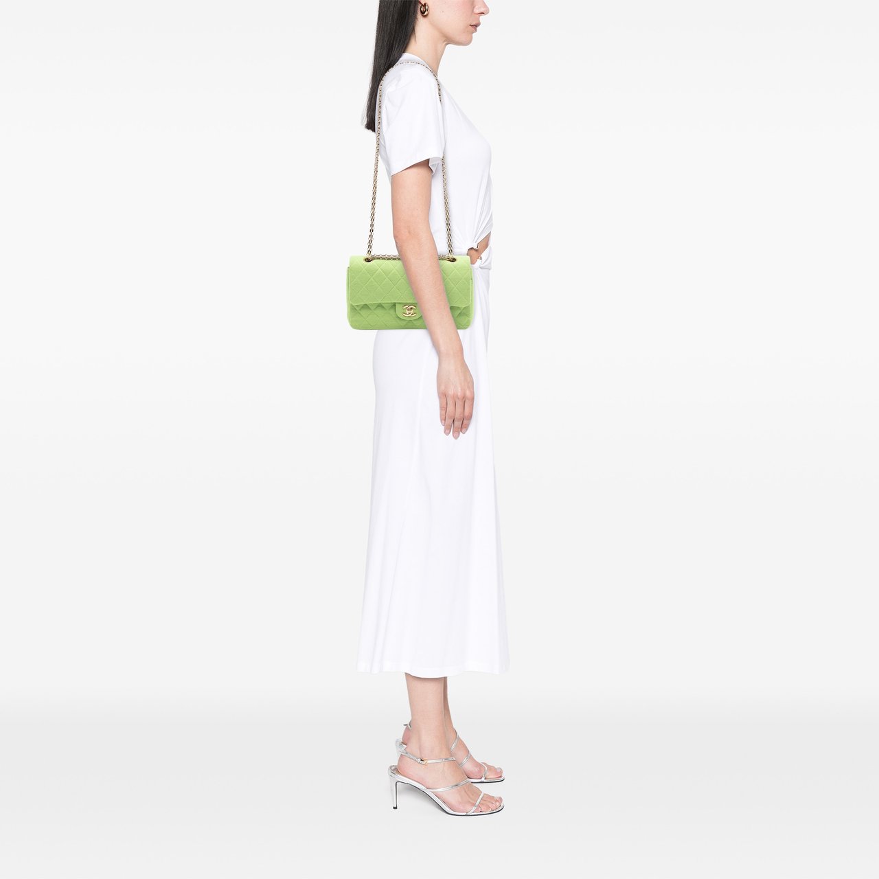 Chanel Medium Classic Jersey Bijoux Chain Double Flap Groen