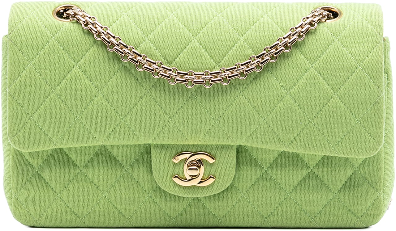 Chanel Medium Classic Jersey Bijoux Chain Double Flap Groen