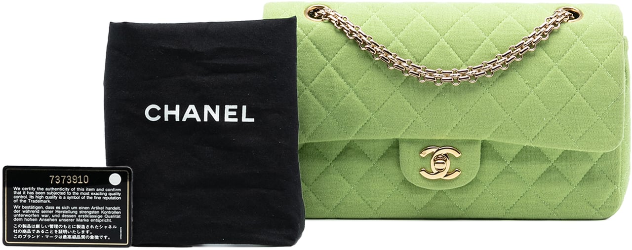 Chanel Medium Classic Jersey Bijoux Chain Double Flap Groen