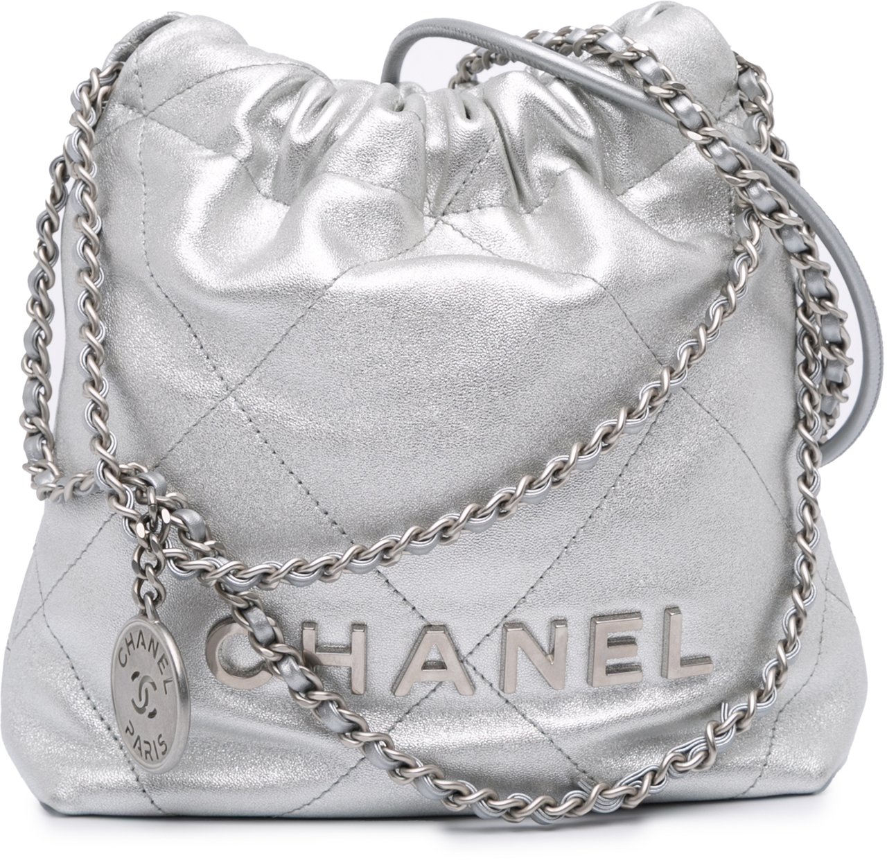 Chanel Mini Metallic Calfskin 22 Satchel Zilver