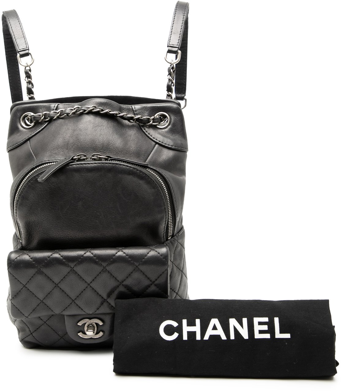 Chanel Small CC Calfskin Drawstring Flap Backpack Zwart