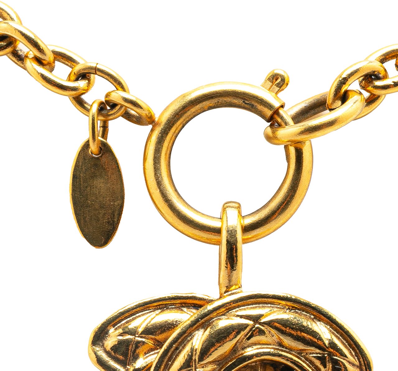 Chanel Gold Plated CC Quilted Pendant Necklace Goud