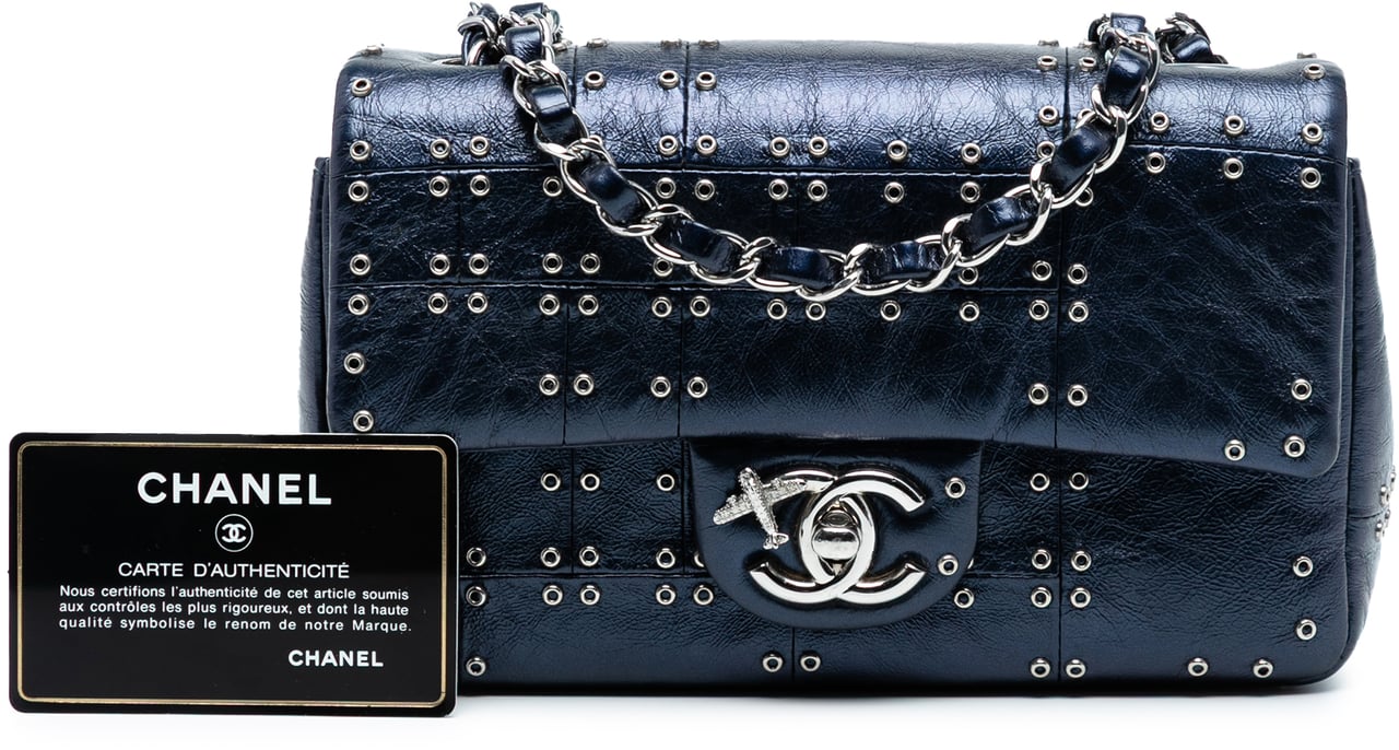 Chanel Mini Rectangular Classic Glazed Calfskin Studded Airlines Single Flap Blauw