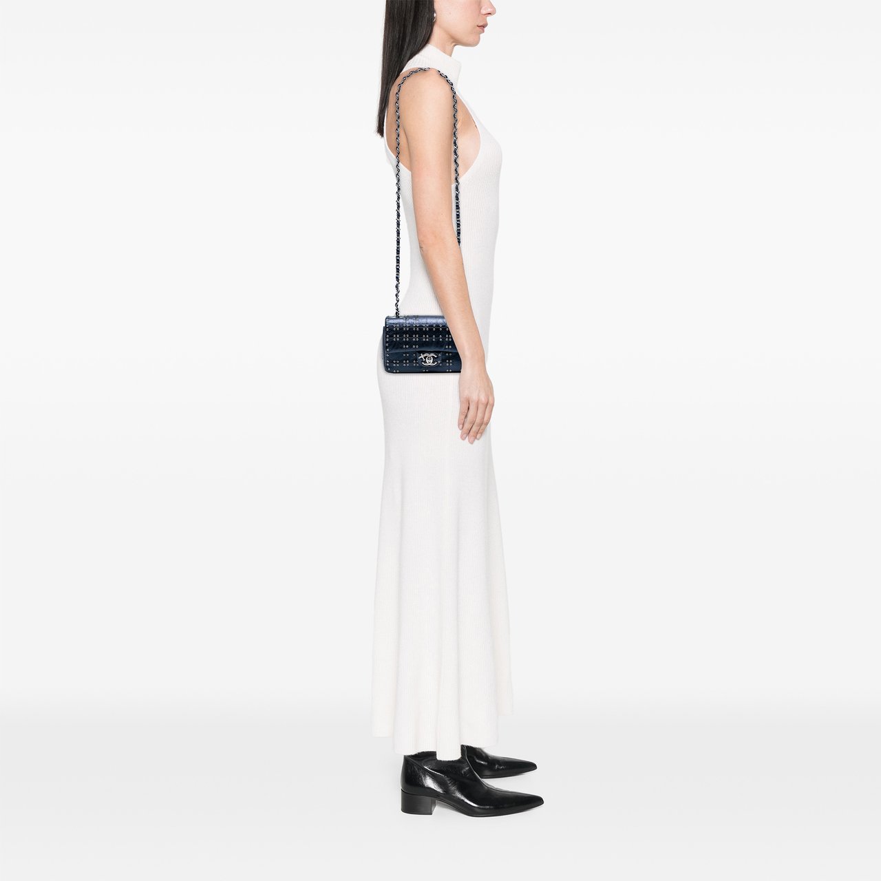 Chanel Mini Rectangular Classic Glazed Calfskin Studded Airlines Single Flap Blauw