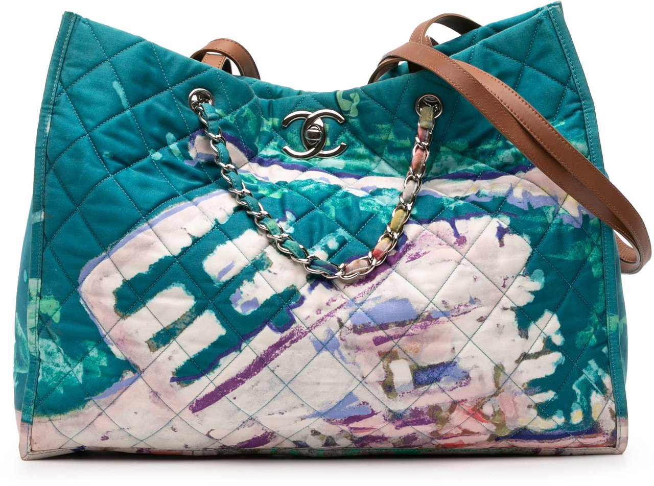 Chanel CC Quilted Nylon Graffiti Watercolour Shopping Tote Blauw