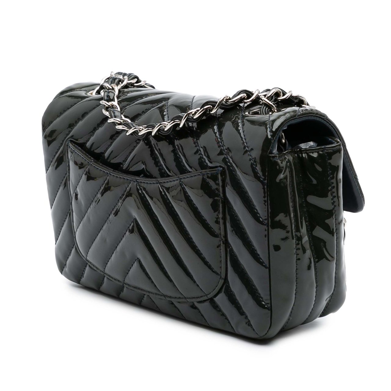 Chanel Mini Rectangular Classic Chevron Patent Single Flap Blauw
