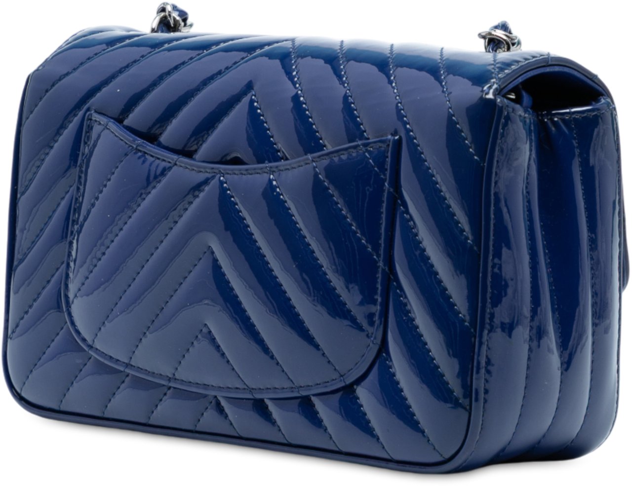Chanel Mini Rectangular Classic Chevron Patent Single Flap Blauw