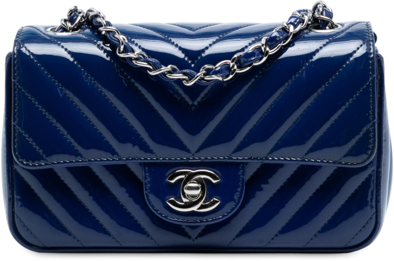 Chanel Mini Rectangular Classic Chevron Patent Single Flap Blauw