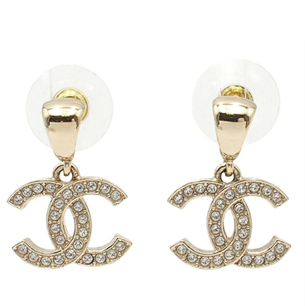 Chanel Silver Plated CC Crystal Drop Push Back Earrings Zilver