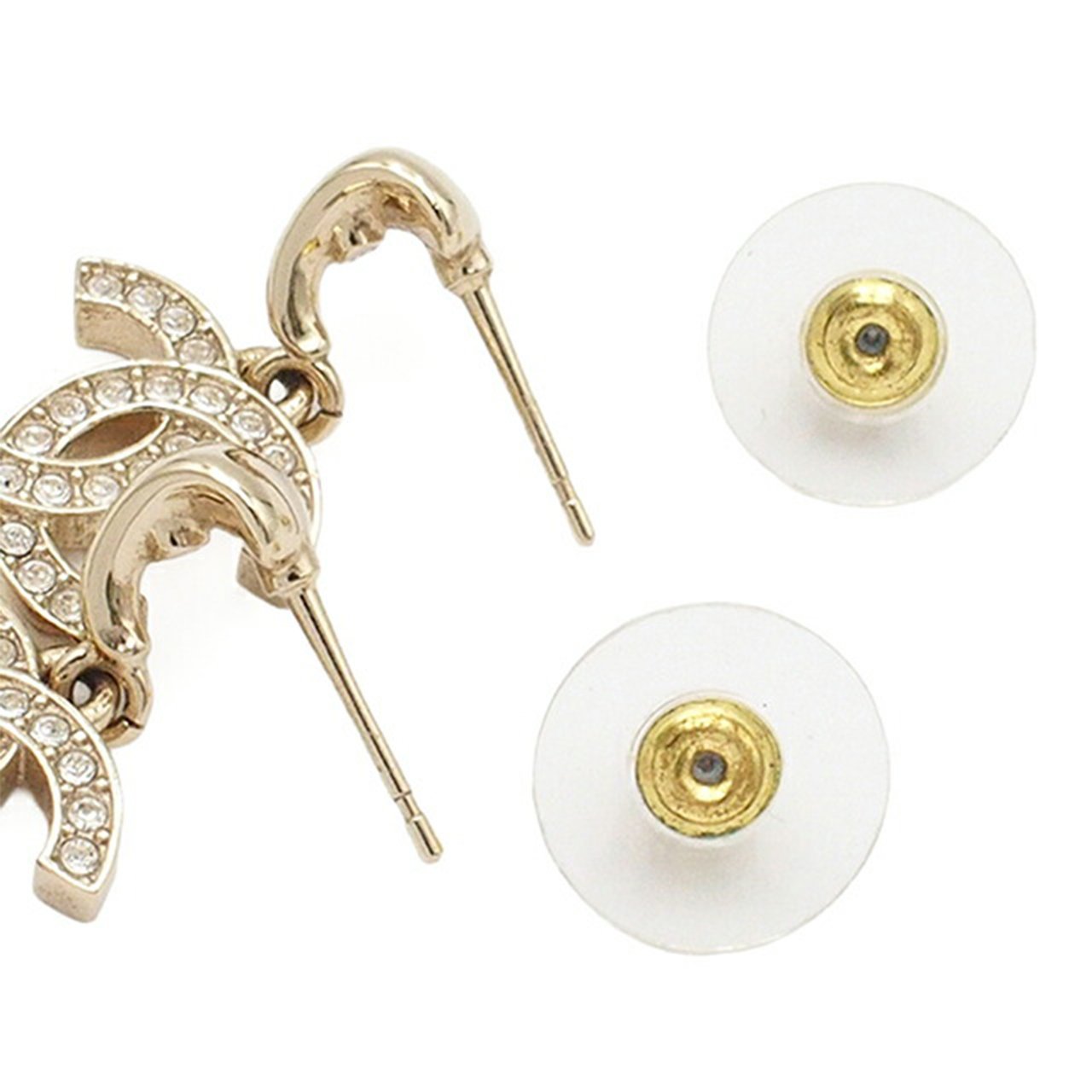 Chanel Silver Plated CC Crystal Drop Push Back Earrings Zilver