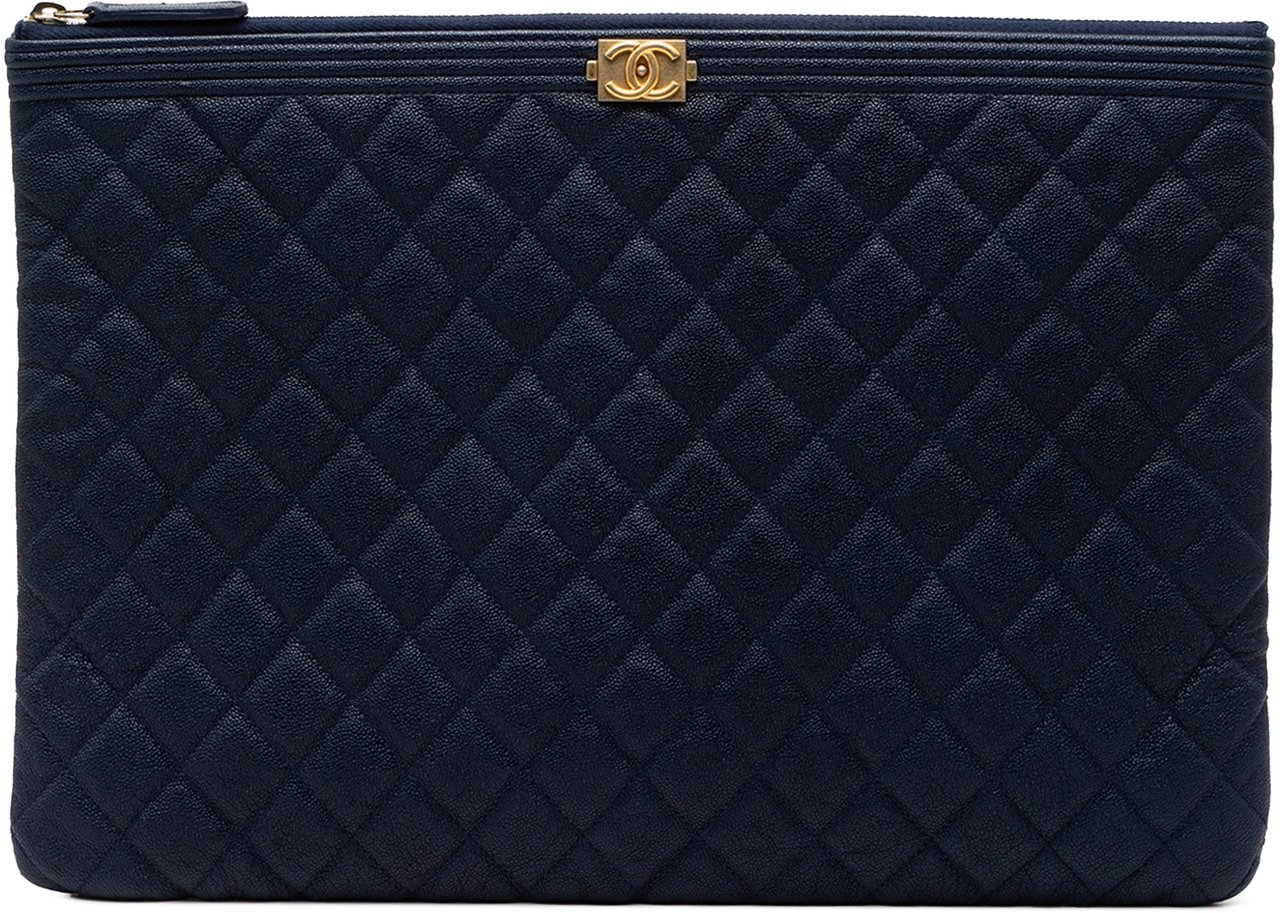 Chanel Large Quilted Caviar Boy O Case Clutch Blauw