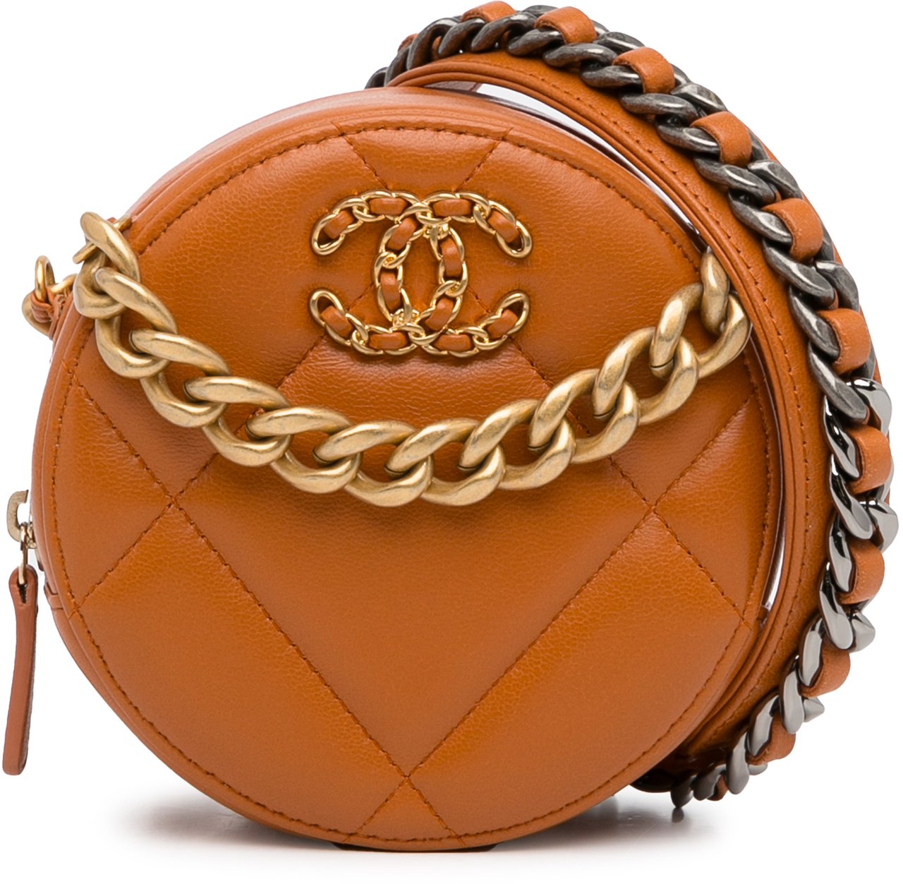 Chanel Lambskin 19 Round Clutch with Chain Bruin