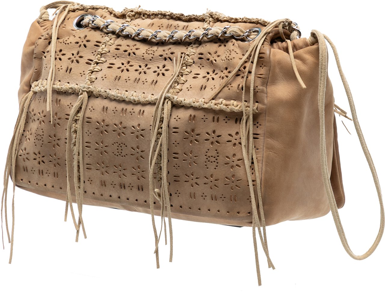 Chanel Perforated Suede Fringe Flap Bruin