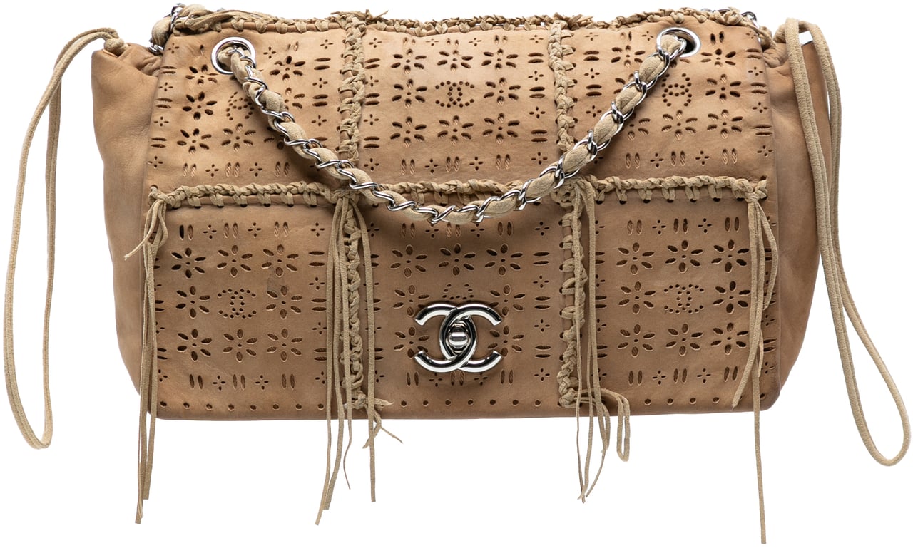 Chanel Perforated Suede Fringe Flap Bruin