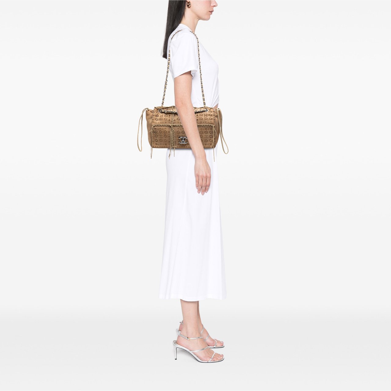 Chanel Perforated Suede Fringe Flap Bruin