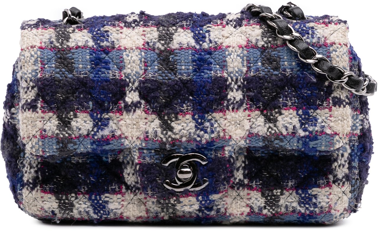 Chanel Mini Rectangular Classic Tweed Single Flap Blauw