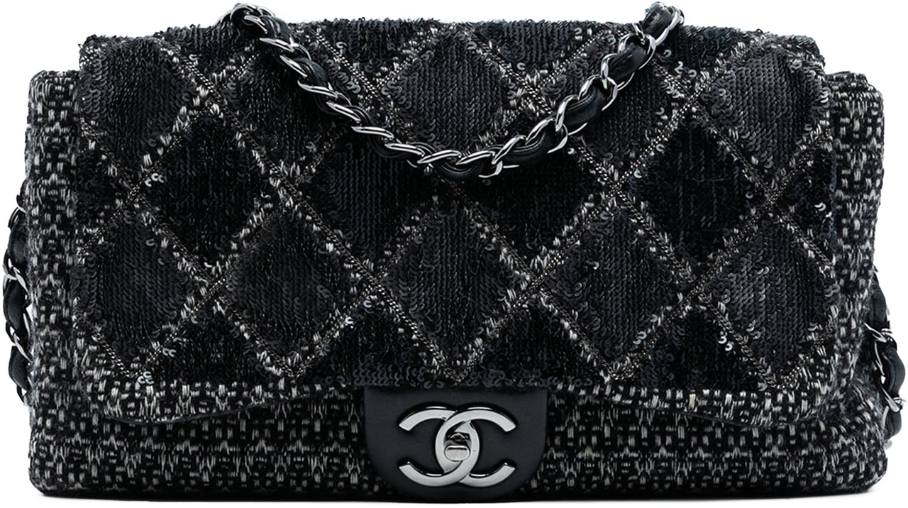 Chanel Large Tweed and Sequin Icons 3 Accordion Flap Zwart