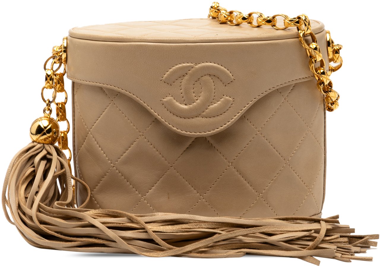 Chanel CC Quilted Lambskin Tassel Chain Vanity Bag Bruin
