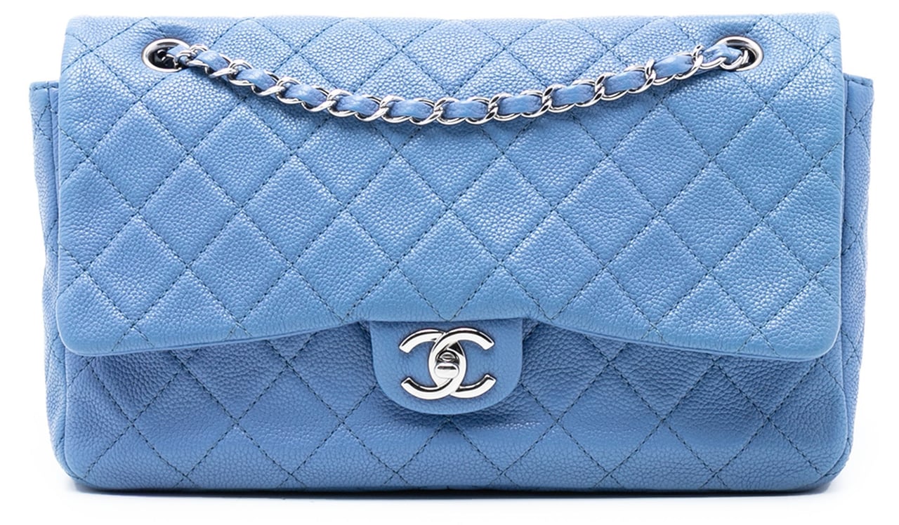 Chanel Jumbo Quilted Caviar Double Compartment Chain Flap Blauw