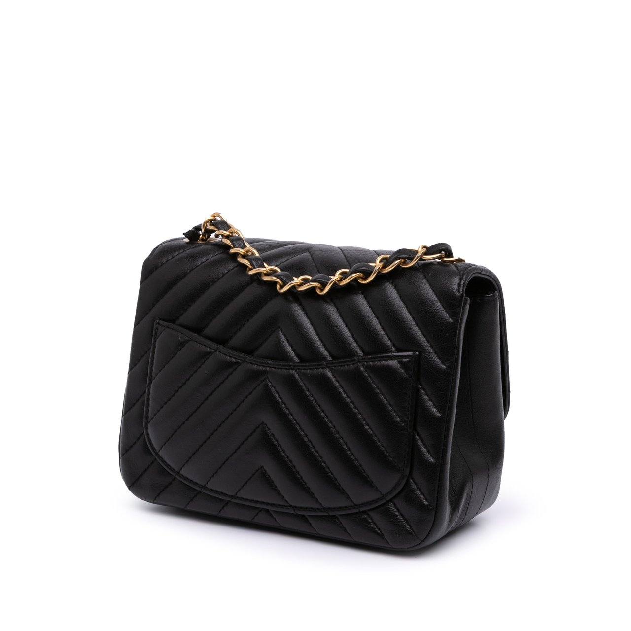 Chanel Mini Square Classic Chevron Lambskin Single Flap Zwart