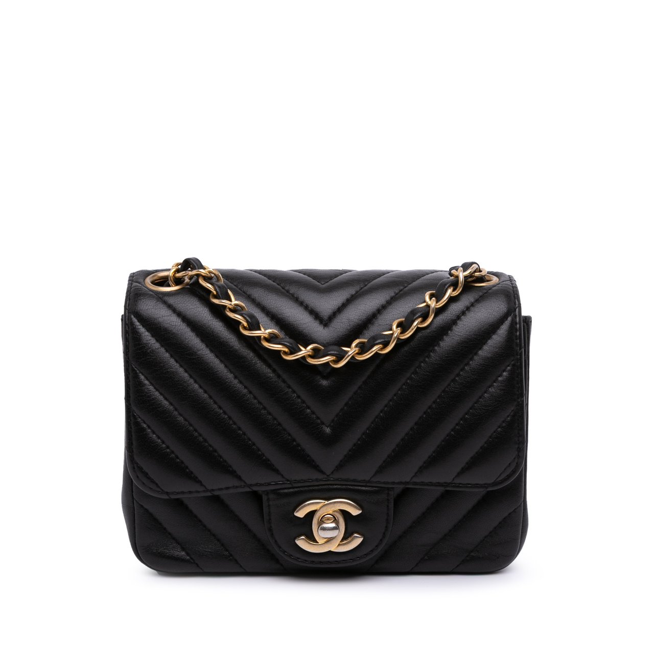 Chanel Mini Square Classic Chevron Lambskin Single Flap Zwart