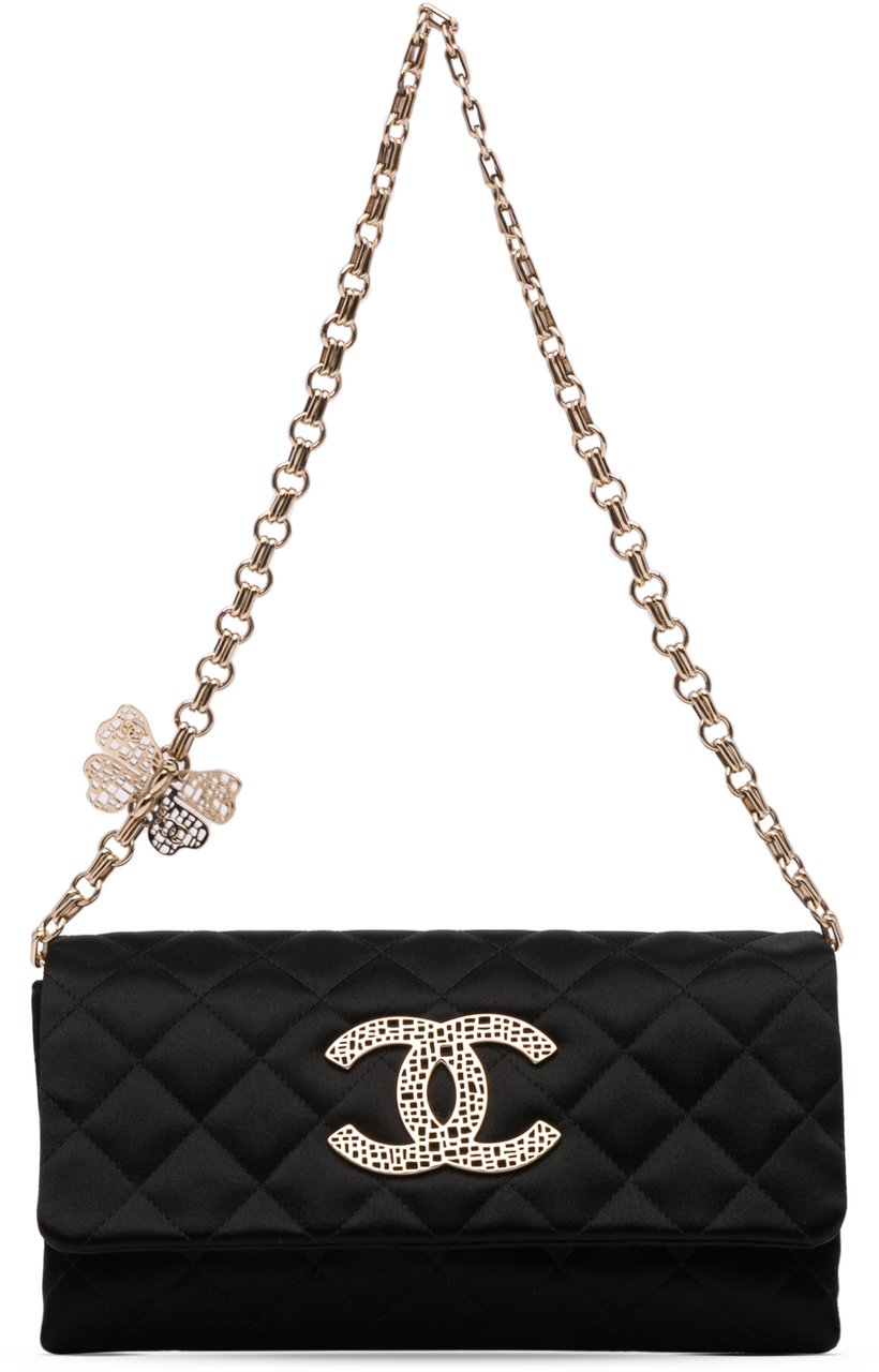 Chanel CC Quilted Satin Butterfly Chain Clutch Zwart