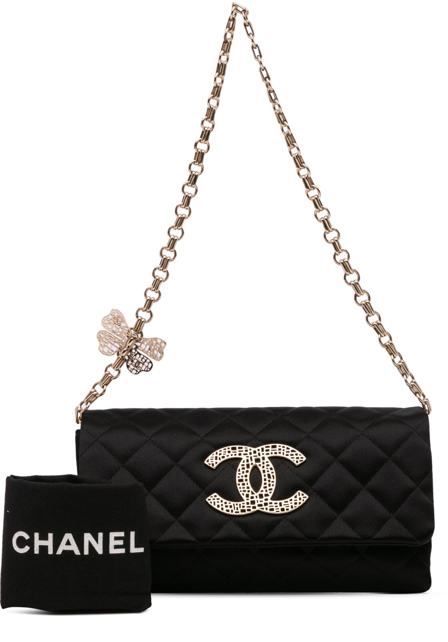 Chanel CC Quilted Satin Butterfly Chain Clutch Zwart