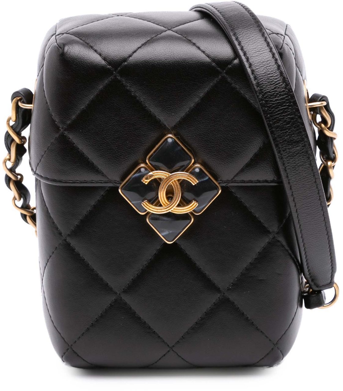 Chanel Mini Quilted Lambskin Diamond Lock Phone Holder Zwart