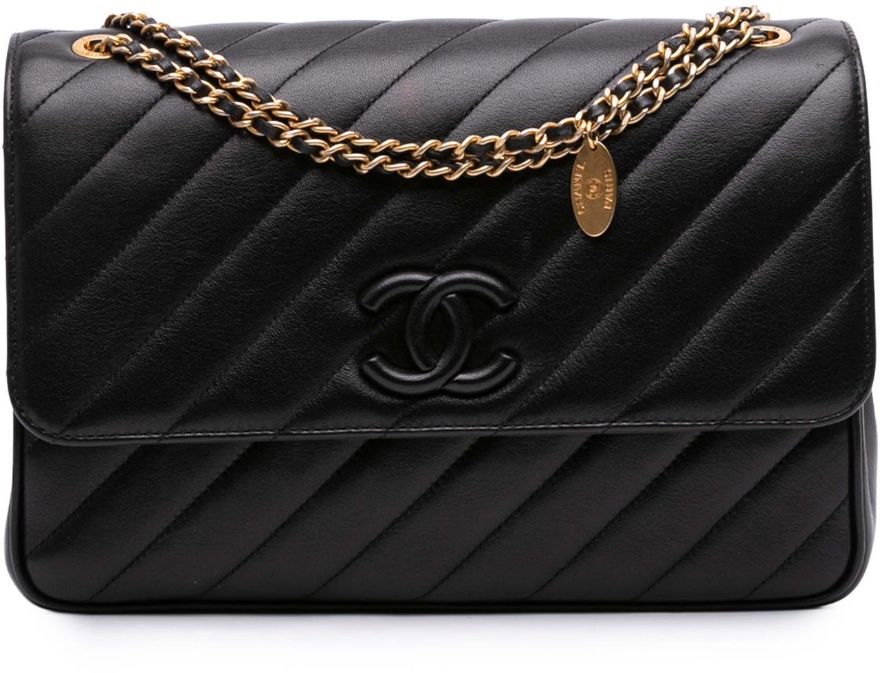 Chanel Diagonal Quilted Lambskin CC Signature Flap Zwart