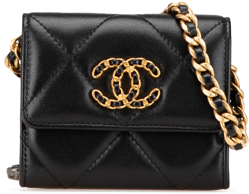 Chanel Quilted Lambskin Chanel 19 Card Holder On Chain Zwart