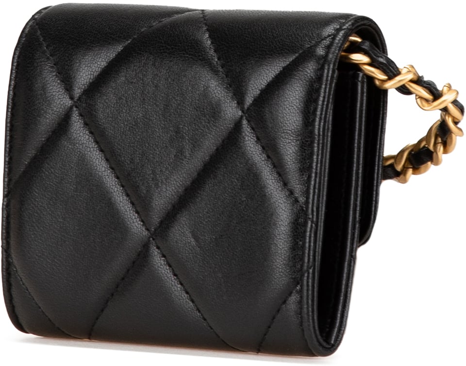 Chanel Quilted Lambskin Chanel 19 Card Holder On Chain Zwart