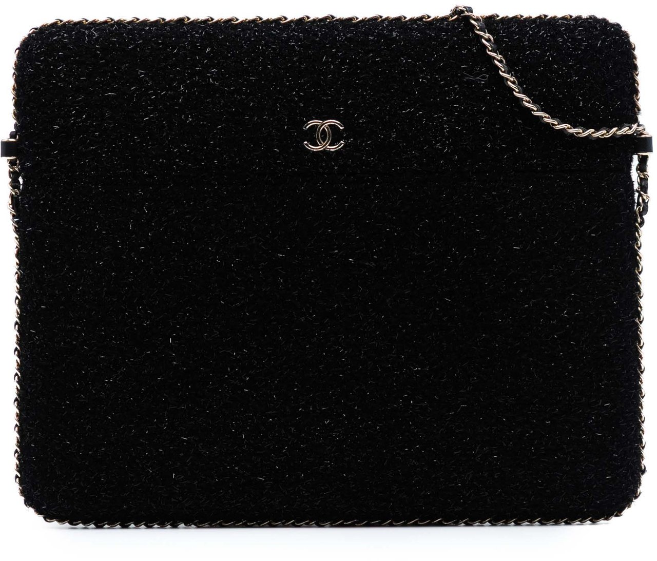Chanel CC Tweed Chain Around Tablet Holder Crossbody Zwart